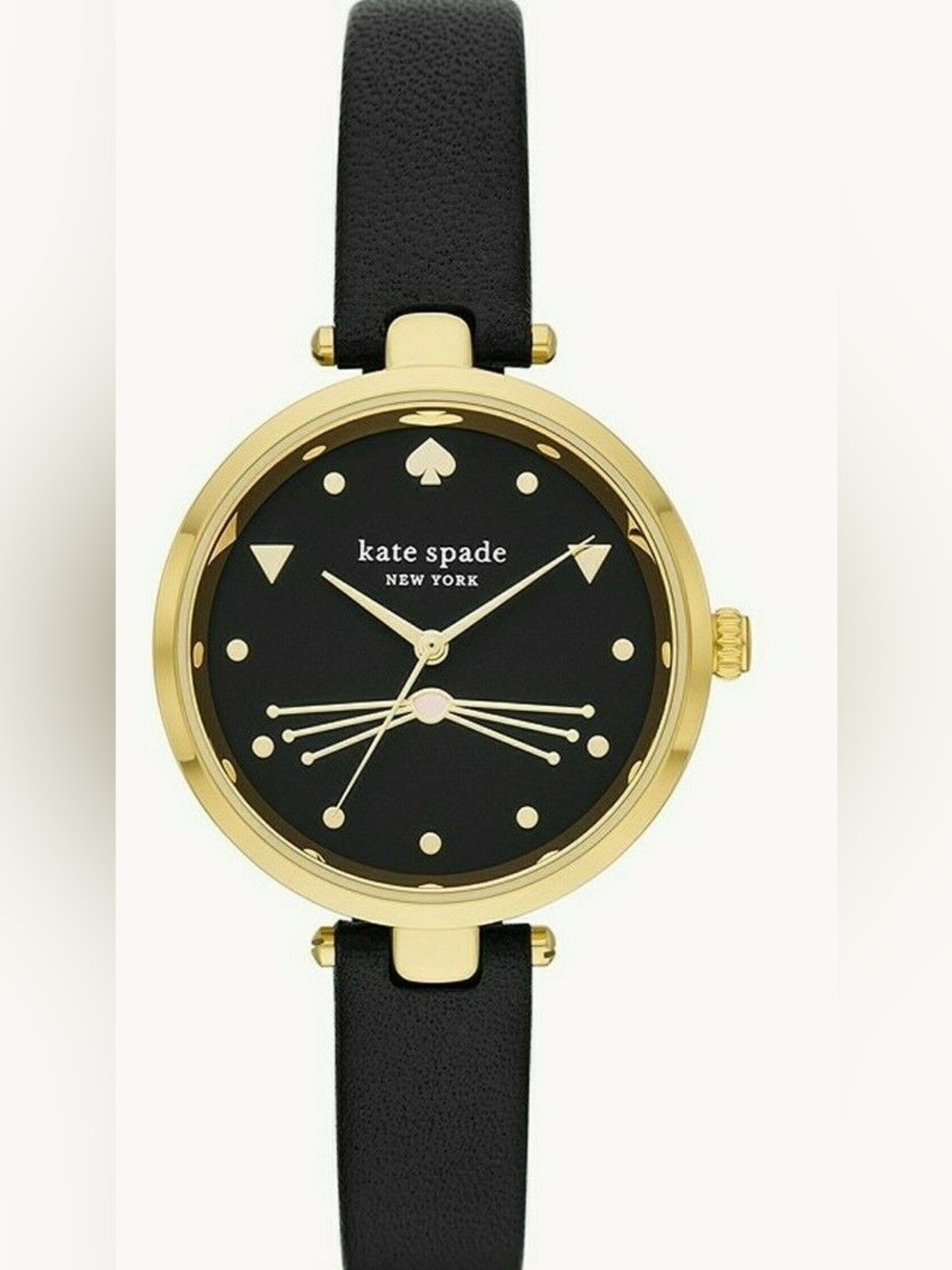 Kate Spade Holland Cat Watch NWT Black Gold Leather Strap w/ Box Needs Battery